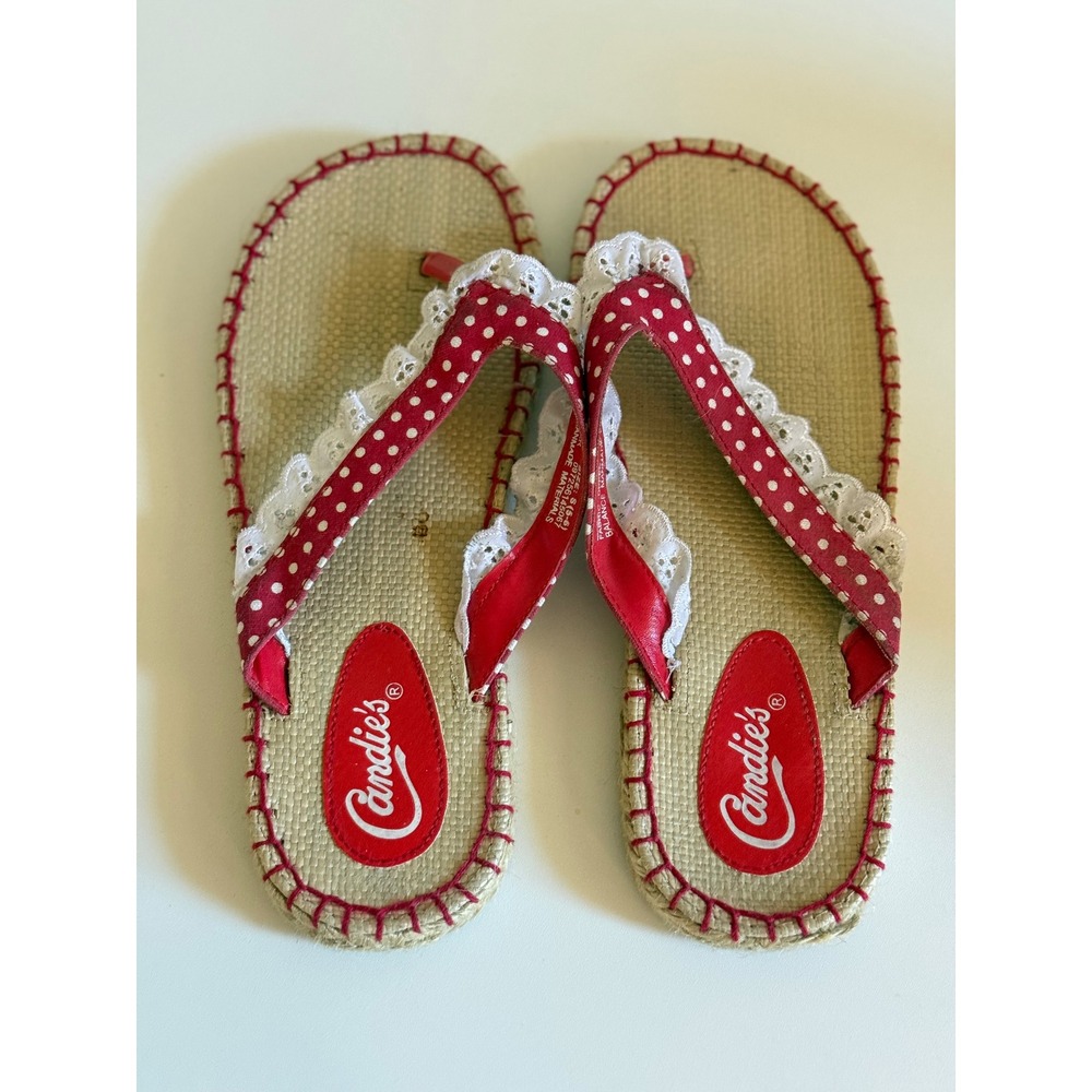 Candies Womens Red Polka Dot Eyelet Lace Espadrille Thong Sandals Size S 5-6